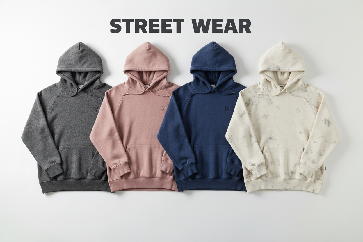 4 hoodies op een rij grijs een roos een blauw en van boven street wear 